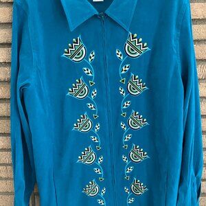 Bob Mackie Womens Wearable Art Shacket Jacket Size M Teal Embroidered Zip Front